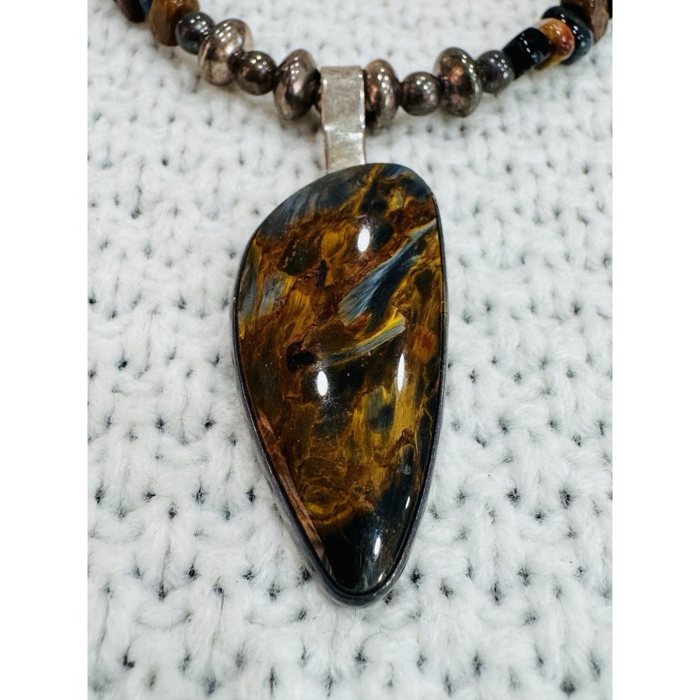 Everitt Sterling Silver Pietersite Pendant Beaded Necklace 18" Signed